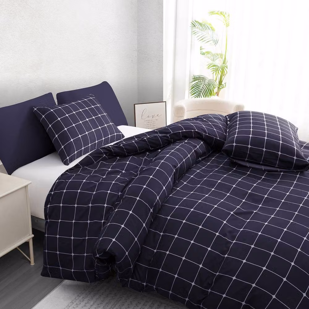 Pamposh Reversible Checked Microfibre Duvet Cover Set in Navy Blue, W: 180 cm, H: 200 cm – 5