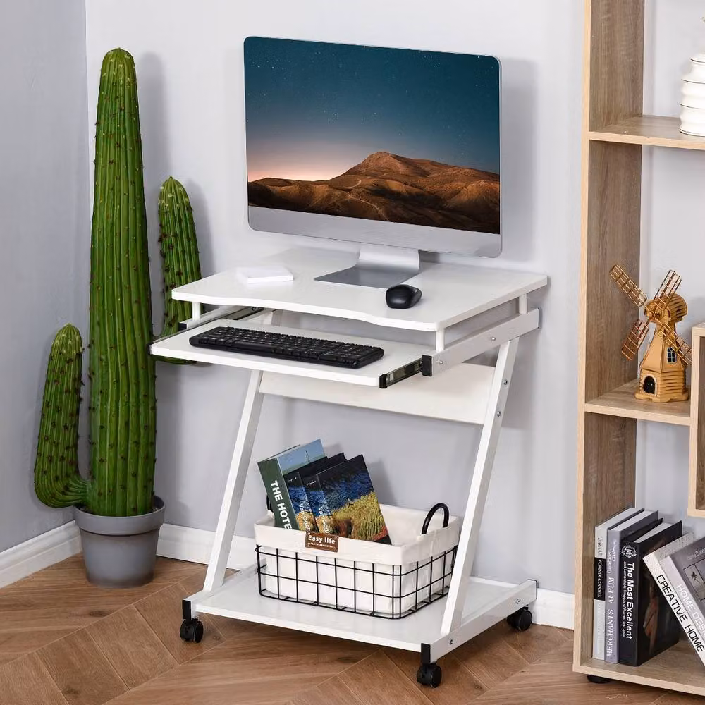 Rolipo Z-Shaped Mobile Computer Desk with Wheels and Sliding Keyboard Tray in White – 2