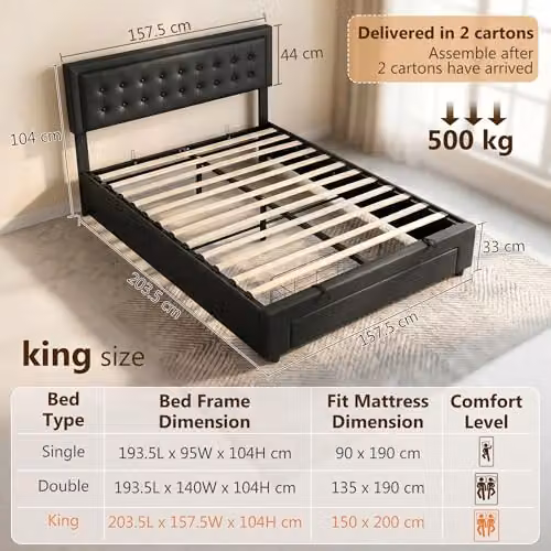 HOMCOM Upholstered Lift Up Ottoman Bed in Black, W/D/H: 150 x 200 x 95 cm – 8