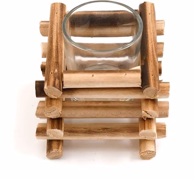 KDMK Brown Stacked Wood Tealight Holder, Height: 9 cm