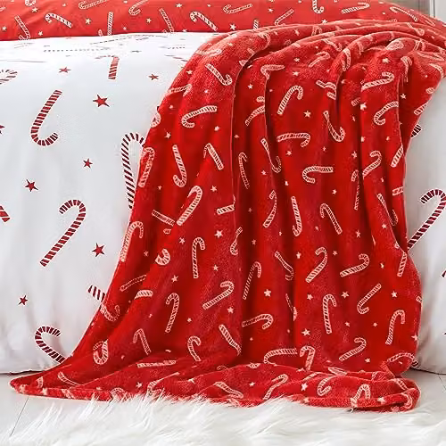 Catherine Lansfield Christmas Candy Cane Fleece Throw in Red and White, W/D/H: 130 x 170 cm – 4