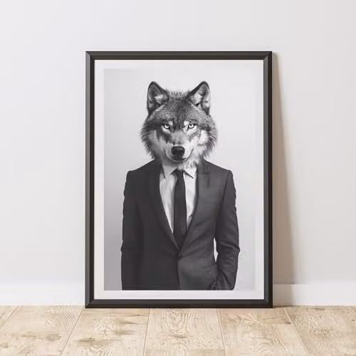 60 Second Makeover Wolf Wearing A Suit Illustration Paper Poster, Multicolour, A4