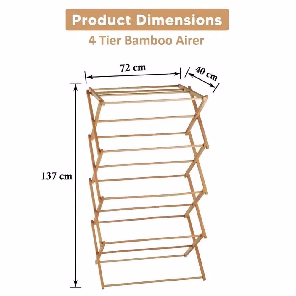EONLION 4 Tier Classic Foldable Bamboo Wooden Clothes Airer in Brown, Width: 100 cm – 2