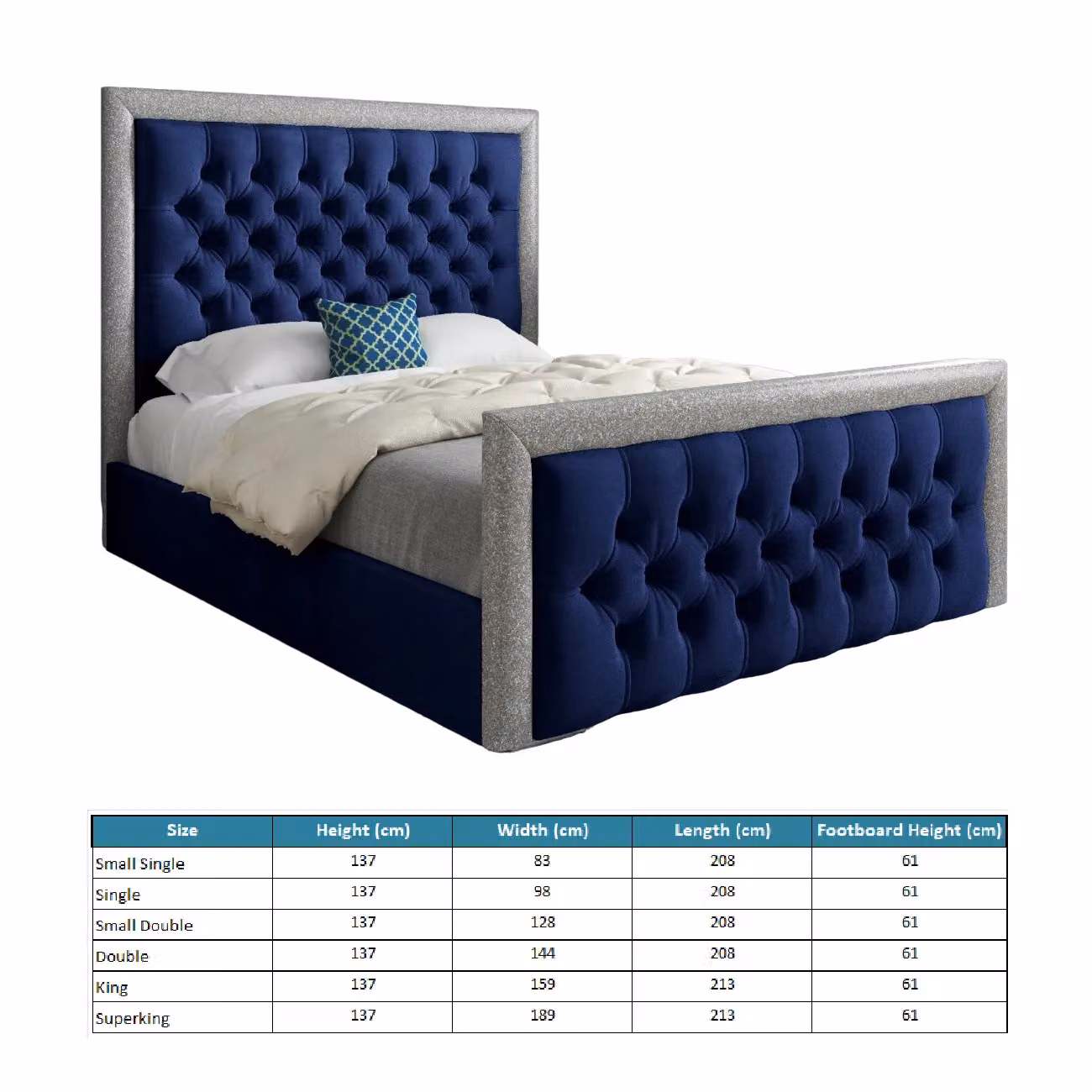 KDMD Venice Glitter Border Upholstered Soft Velvet Bed Frame in Blue, W/D/H: 120 x 200 x 137 cm – 4