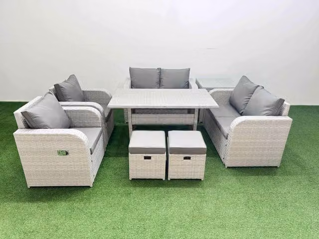 Fimous 8 Seater Rattan Garden Furniture Set with Reclining Sofa, Rectangular Dining Table, 2 Stools and Side Table in Light Grey