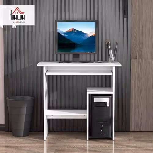 HOMCOM Modern White Computer Desk with Keyboard Tray and Storage Shelf for Home Office – 2