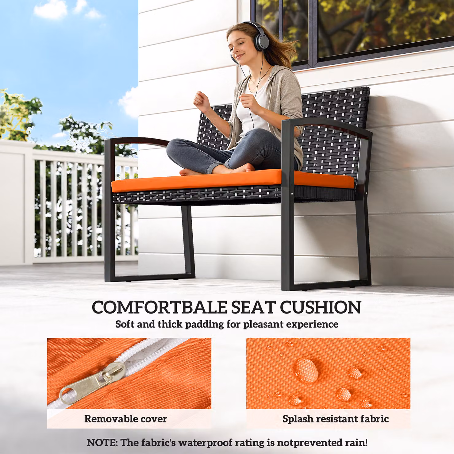 Outsunny Two-Seater Rattan Garden Bench with Armrests in Orange – 6