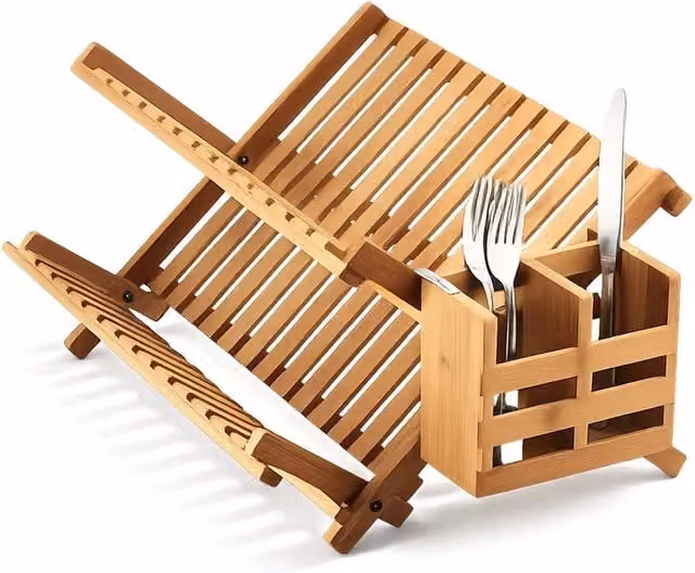 PAWNORA Bamboo Foldable Dish Drying Rack with Cutlery Holder in Natural Brown