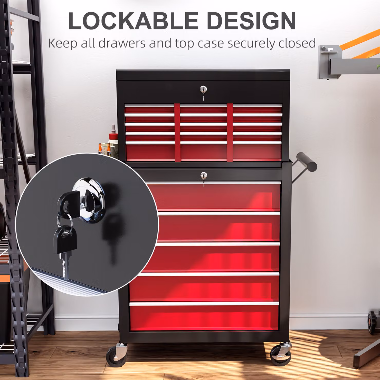 HOMCOM Rolling Tool Cabinet with 14 Drawers, Pegboard, Side Rack and Lockable Top Chest in Red Steel, W/D/H: 109 x 45 x 60 cm – 6