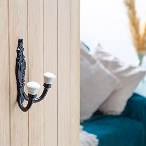 Hammer and Tongs Ornate Double Ceramic Coat Hook in White and Black, Pack of 5, W: 10.0 cm, H: 11.5 cm – 6