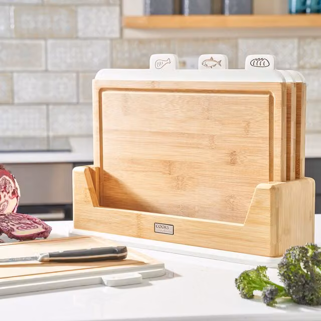 Cooks Professional Rectangular Bamboo Index Chopping Boards with Groove in White and Beige