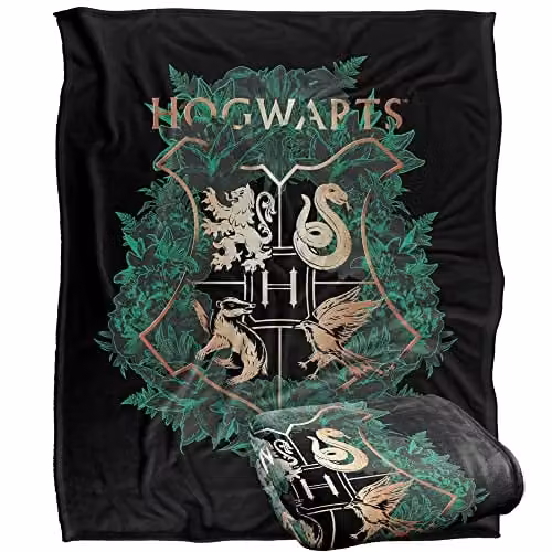 Warner Brothers Harry Potter Hogwarts Green and Gold Floral Crest Fleece Throw Blanket, W/D/H: 152 x 127 cm, White – 1