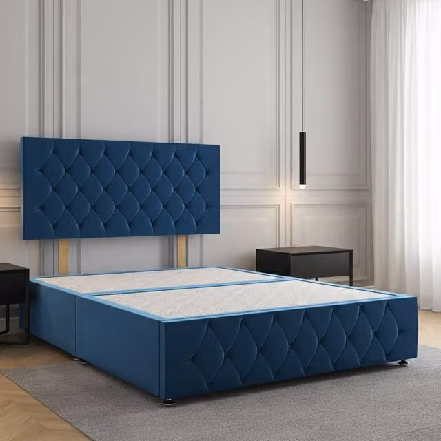 Regional Furnishings Super King Divan Bed with 24 inch Plush Velvet Headboard and Footboard in Blue, W: 200 cm – 1