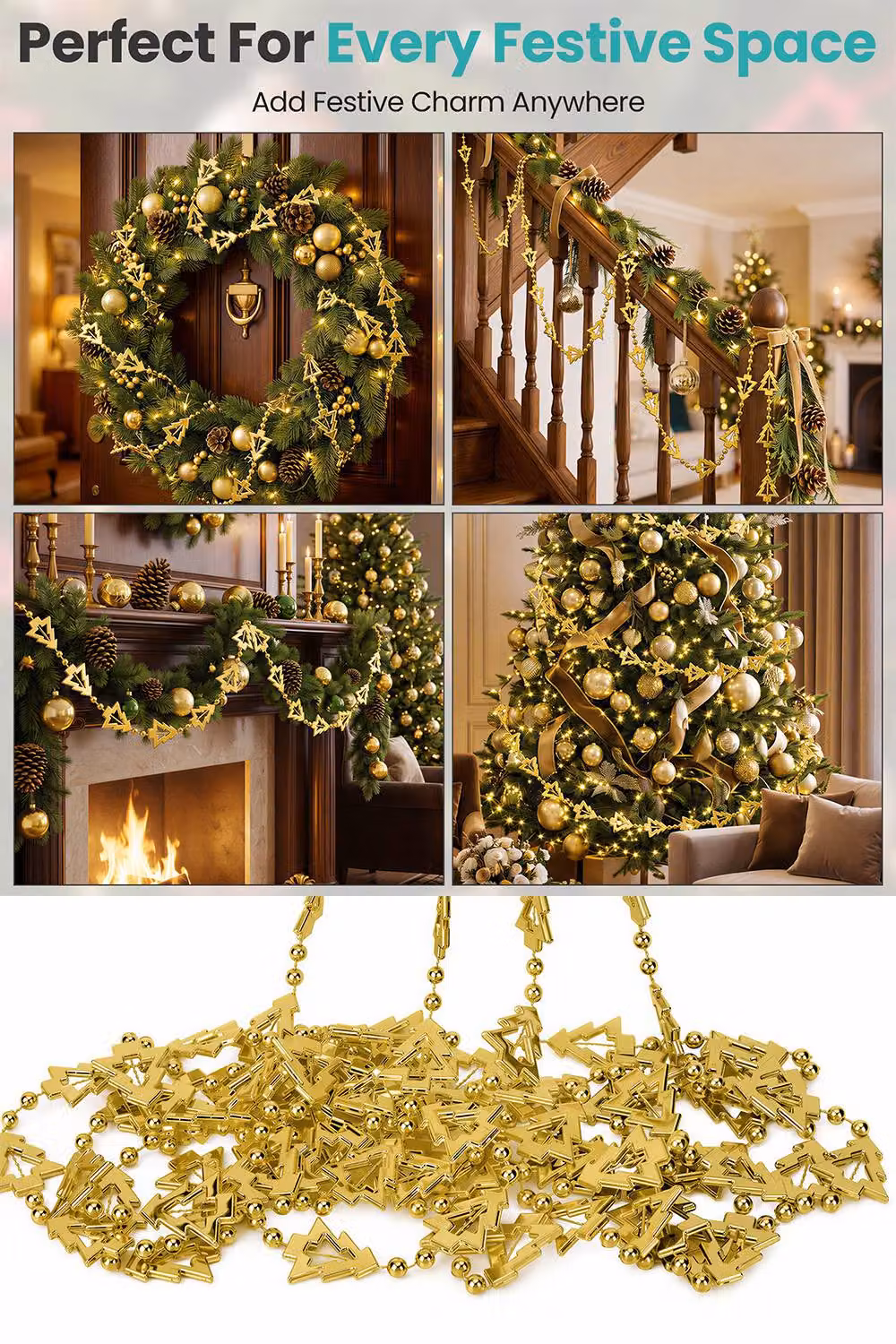 Neel Blue Gold Metallic Christmas Tree Bead Garland, 5m Hanging Chain – 5
