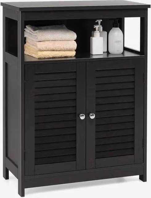 Costway Modern Black Wooden Bathroom Floor Cabinet with Adjustable Internal Shelves and Open Storage Shelf – 1