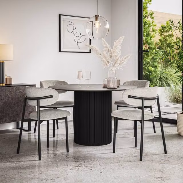 More4Homes Arlo Concrete Round Dining Table with Black Legs and 4 Myla Grey Linen Dining Chairs Set, W: 120 cm, H: 75 cm – 1