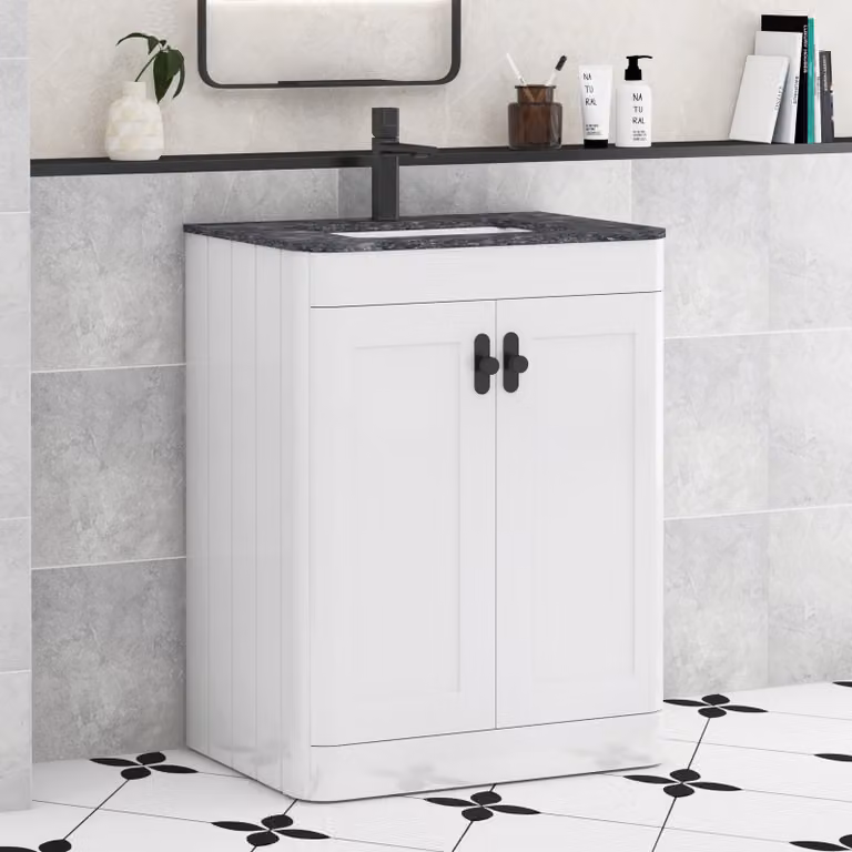 Royal Bathrooms Henley 600mm Gloss White Floor Standing 2 Door Bathroom Vanity Unit with Black Star Stone Top and Matt Black Knob