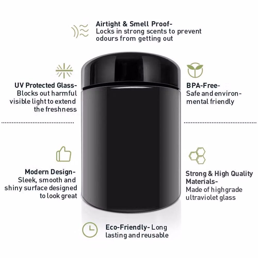 VOGREX Black UV Glass Airtight Smell Proof Herb Storage Jar, 250ml – 3