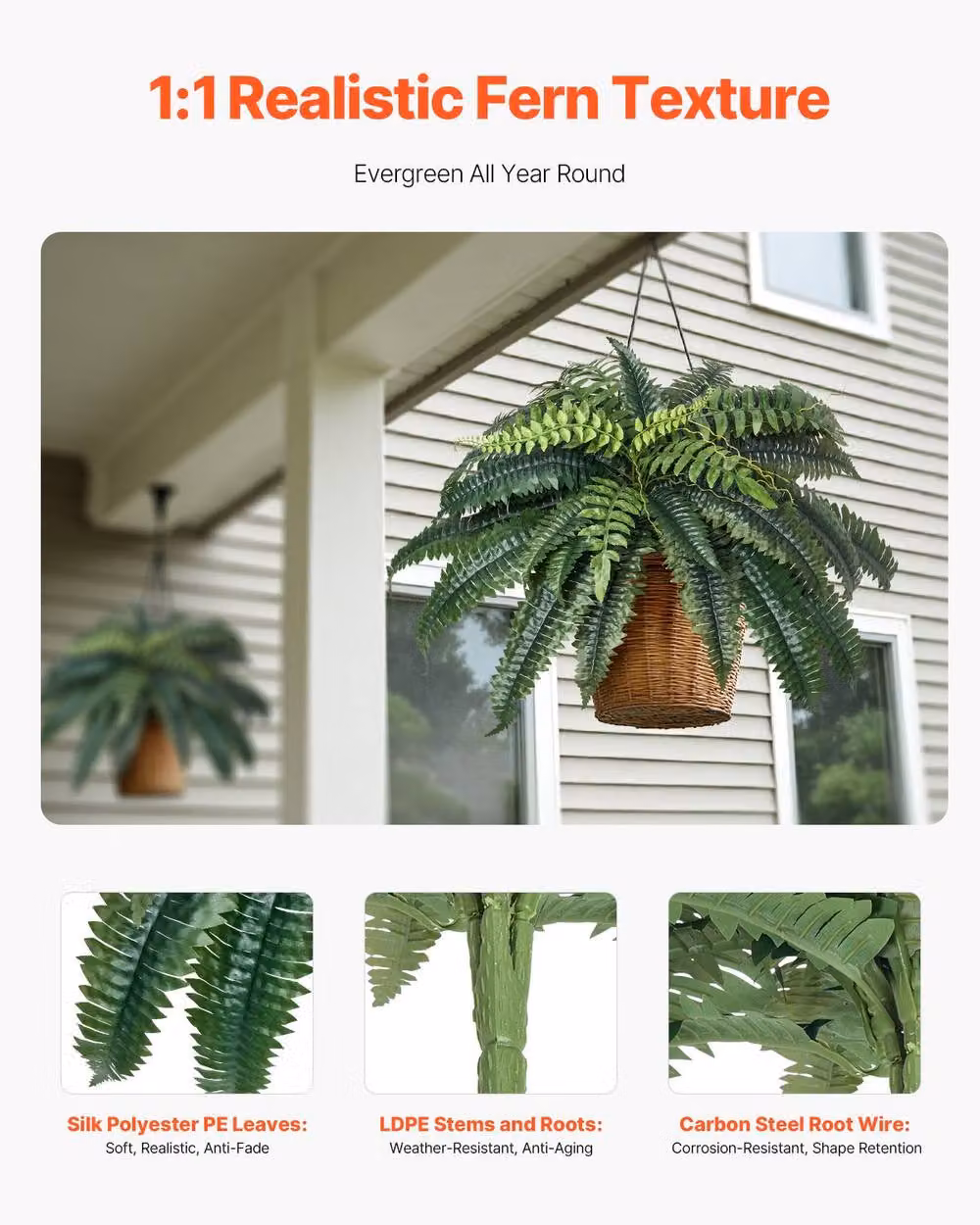 VEVOR Large Artificial Hanging Ferns in Green, 2 Pack – 3