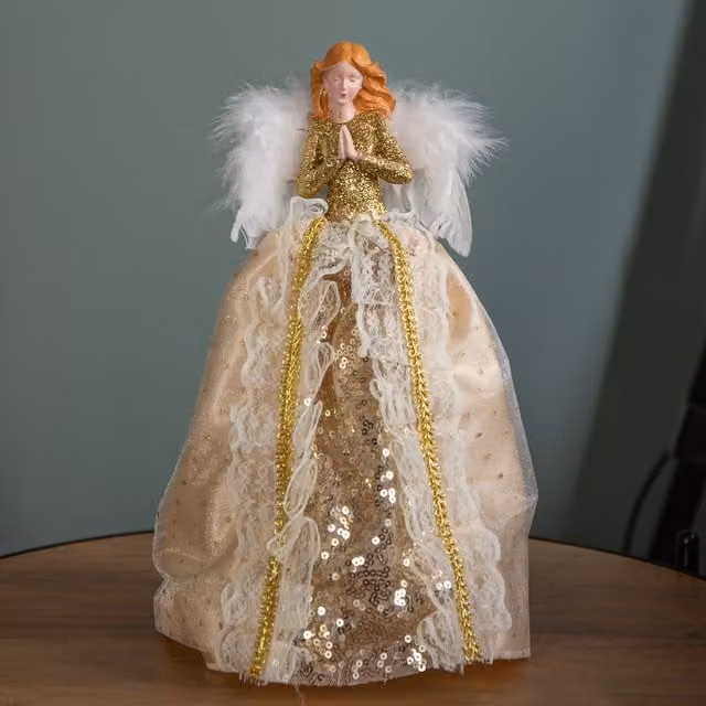 Samuel Alexander Gold Christmas Angel Tree Topper Decoration with Feather Wings, Height: 25 cm