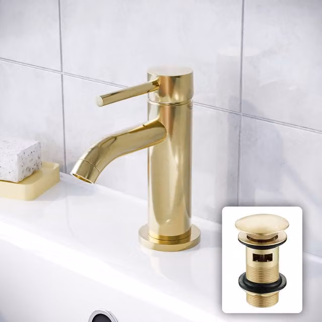 Nes Home Modern Cloakroom Round Basin Mono Mixer Tap and Pop-up Waste in Brushed Brass and Copper