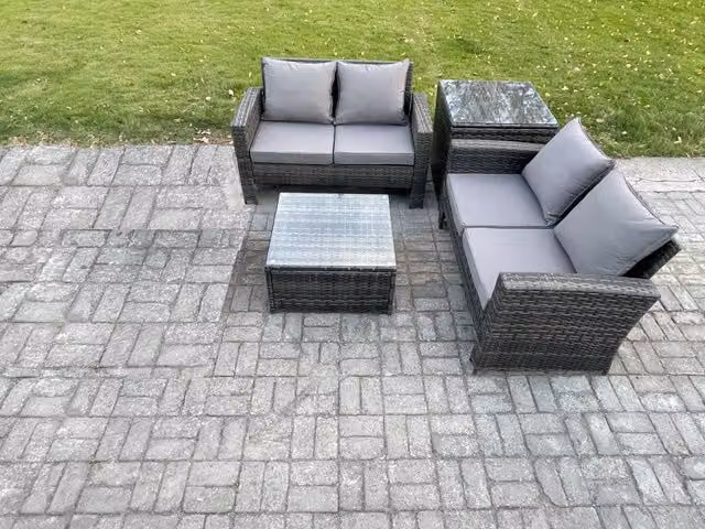 Fimous 4 Piece Grey Rattan Garden Furniture Set with 2 Double Seat Sofas, Coffee Table and Side Table – 1