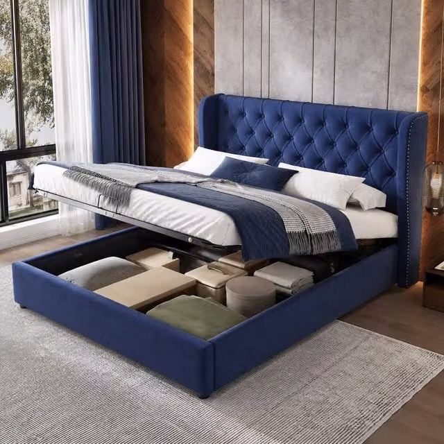 STILVORA Blue Velvet Upholstered Double Bed with Lift Up Storage, W: 135 cm, D: 190 cm