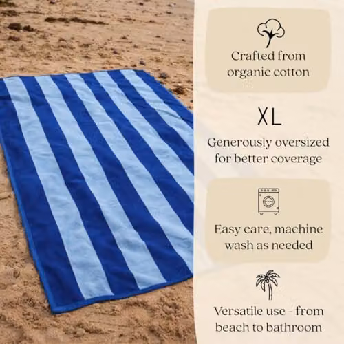 Misona Large Organic Cotton Striped Beach Towel in Blue, W/D/H: 90 x 180 cm – 3