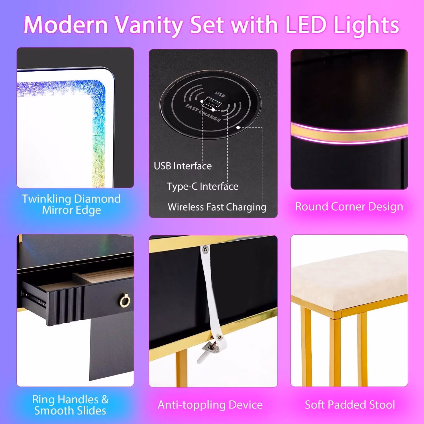 Gymax Dressing Table and Stool Set with 7-Mode Hollywood LED Mirror and Charging Station in Black – 5