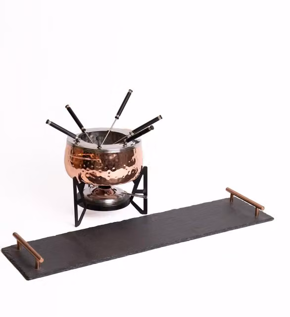 Artesa 7-Piece Gold Fondue Set with Copper Pot, 5 Forks and Slate Serving Platter – 1