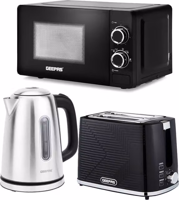 Geepas Kettle, 2 Slice Toaster and Microwave Set in Black – 1