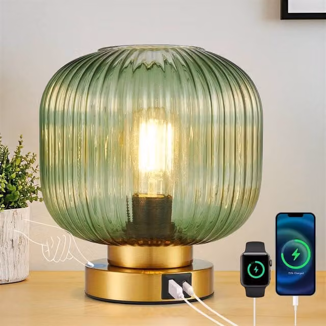 Harper Living Dimmable Touch Control Table Lamp with Green Glass Dome Shade and Gold Brass Base – 1