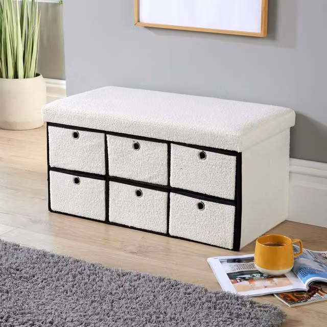 Home Source 6 Drawer Teddy Boucle Fabric Storage Ottoman Chest in Cream, W/D/H: 76 x 38 x 38 cm – 1