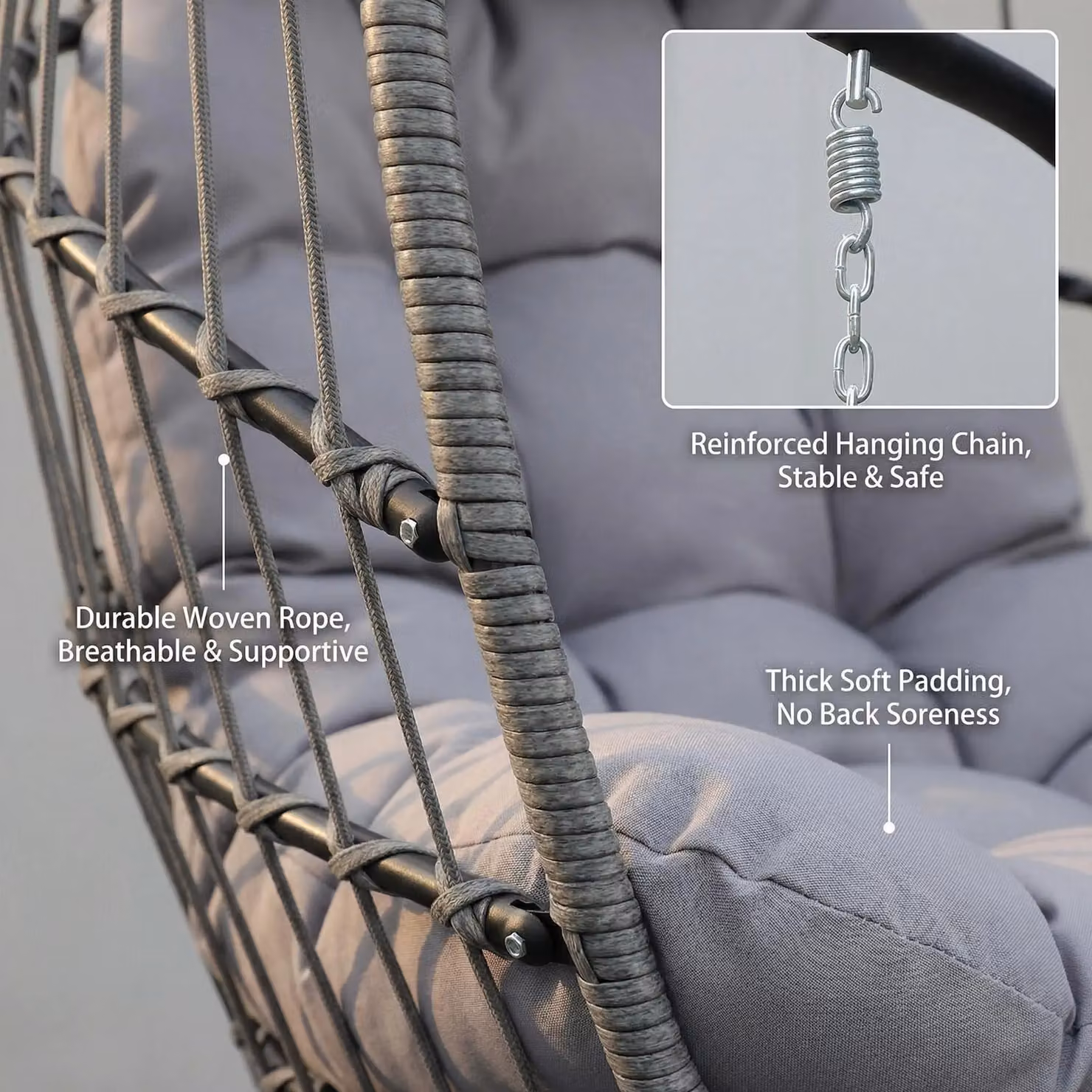 Alivio Grey Hanging Egg Chair with Stand, Weather-Resistant Rattan Swing Chair with Cushions for Indoor and Outdoor Use – 6