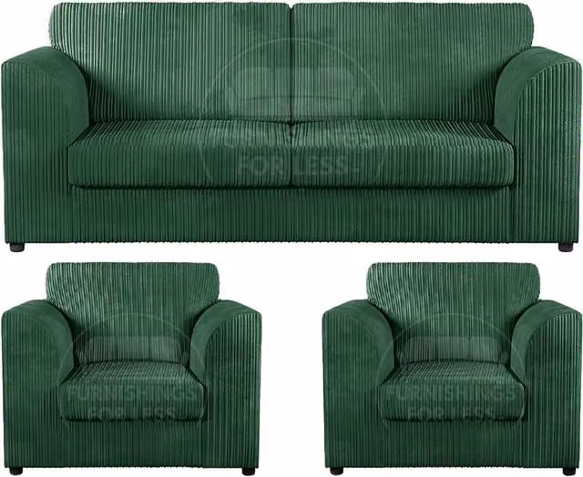 Furnishings For Less UK Luxor 3 Piece Sofa Suite in Green Jumbo Cord Fabric with 3 Seater Sofa and 2 Armchairs