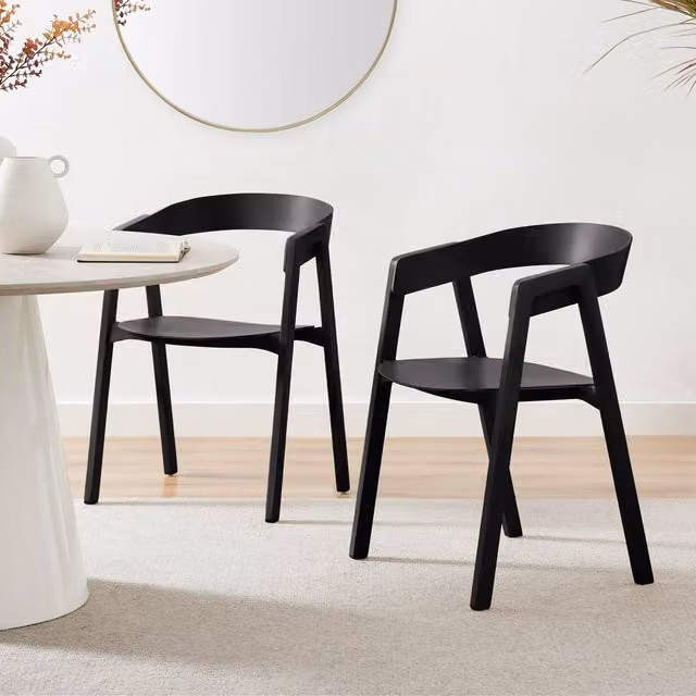FurnitureboxUK Set of 2 Masa Black Solid Wood Dining Chairs with Armrests