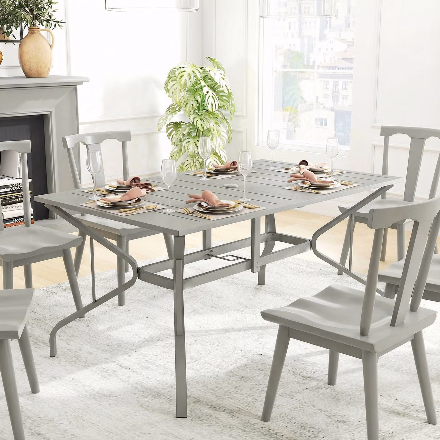 Outsunny Extendable Rectangular Garden Dining Table in Light Grey with Parasol Hole – 3