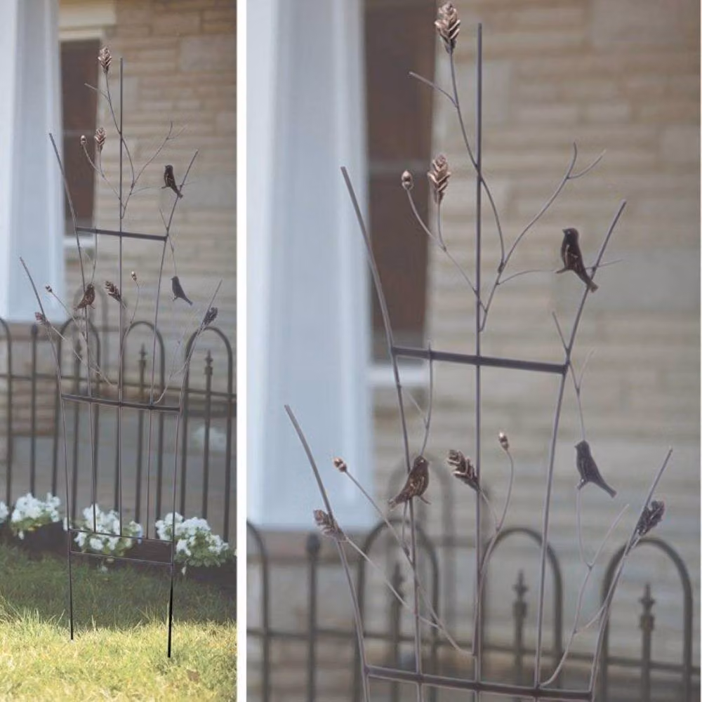 Primrose Powder-Coated Steel Ornamental Garden Trellis with Curved Leaf and Bird Design in Brushed Bronze, Height: 182 cm – 2