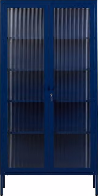 Mustard Made The Collector Navy Blue Modern Freestanding Display Cabinet with Glass Doors, Integrated Lighting and Adjustable Shelves, H 170 x W 85 x D 40 cm