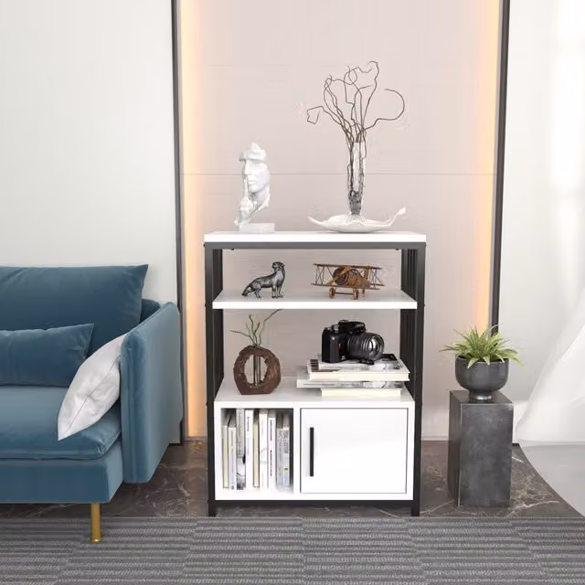 Decorotika Letos Industrial Bookcase with Metal and Wood Frame in White and Black Matt