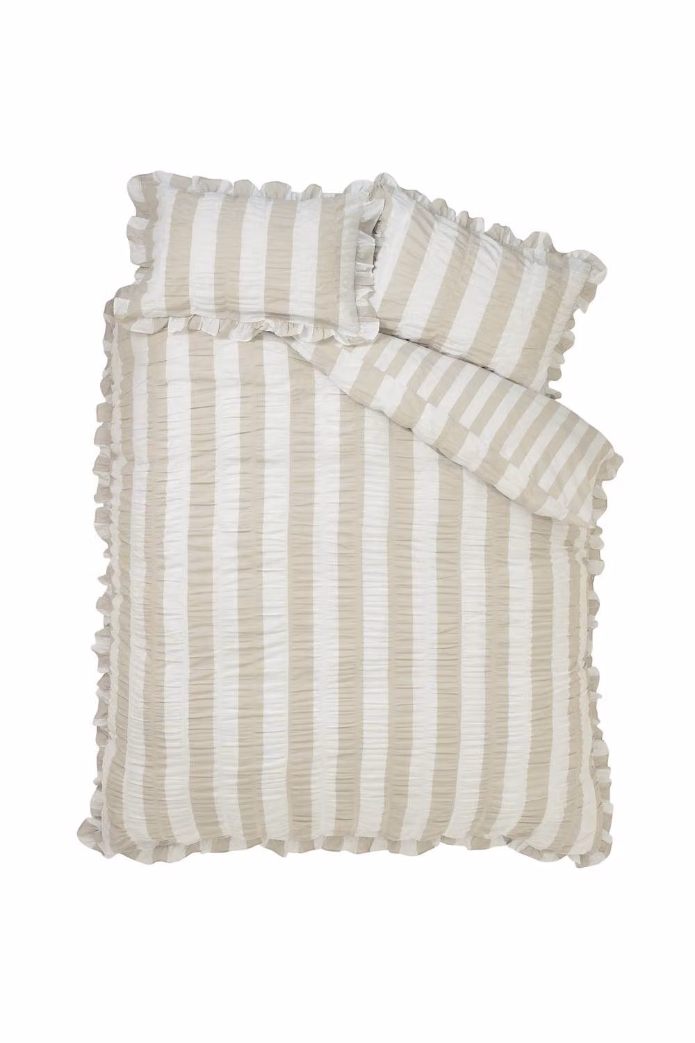 Catherine Lansfield Seersucker Frill Stripe Duvet Cover and Pillowcase Set in Sand, W/D/H: 200 x 200 cm and 50 x 75 cm – 2