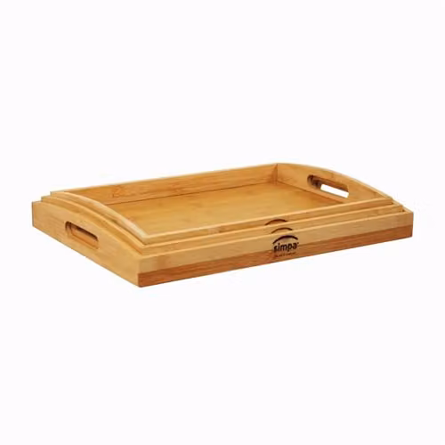 Simpa Set of 3 Rectangular Natural Bamboo Food Serving Trays with Handles in Beige and Brown – 1