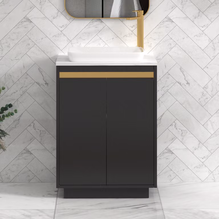 Royal Bathrooms Orion 600mm Matt Obsidian Black Floor Standing Countertop Vanity Unit with Qubix Basin and Brushed Brass Accent Trim