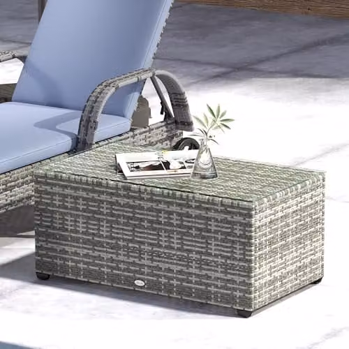 Outsunny Outdoor Rattan Coffee Table with Glass Top, Light Grey, W: 90 cm, D: 50 cm, H: 38 cm – 6
