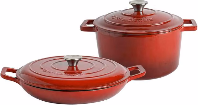 Argon Tableware 2pc Cast Iron Casserole Dish Set, 2.3l and 4.68l, Red Ombre