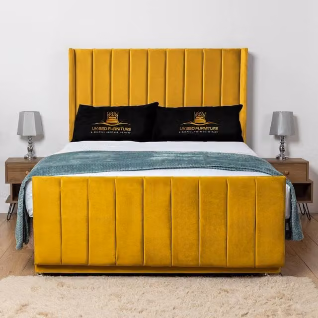 UK Bed Furniture Seoul Wingback Divan Bed Base with 54 Inch Headboard in Yellow Velvet, Single, W/D/H: 90 x 200 cm
