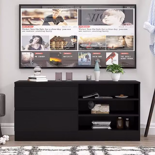 FWStyle Modern 2 Drawer Widescreen TV Unit in Matt Black