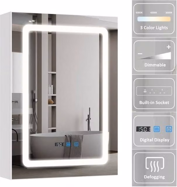 FORGEVIO Modern White Wall-Mounted LED Bathroom Mirror Cabinet with Shaver Socket and Glass Doors – 1