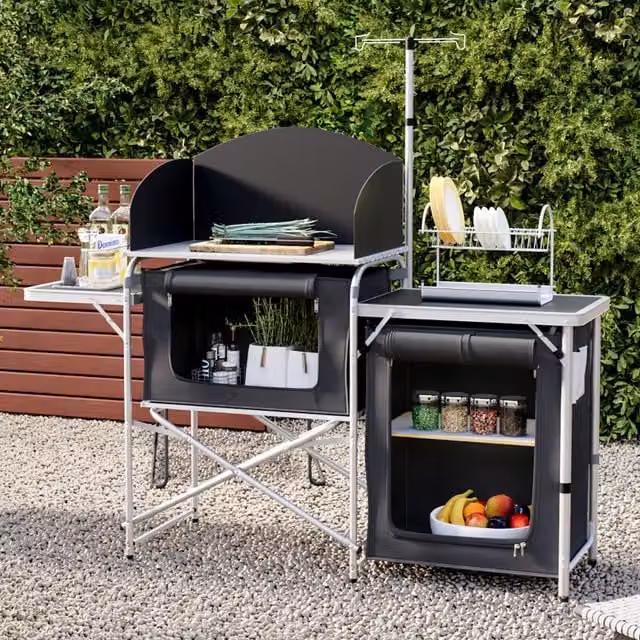 Livingandhome Black Aluminium Camping Kitchen Station and Large Grill Table