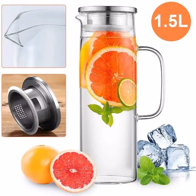 PAWNORA Glass Juice Beverage Bottle Pitcher Carafe with Lid, 1.5 l, Clear
